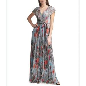 Eliza J Metallic Floral Pleated V-neck Cap Sleeve Belted Dress Size 10